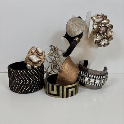 LOT 57: Chunky Style Cuff Bracelets: Tri-Color Freshwater Pearl, Silvertone Arm Cuff, Bejeweled Cuffs & More