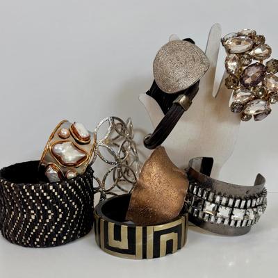 LOT 57: Chunky Style Cuff Bracelets: Tri-Color Freshwater Pearl, Silvertone Arm Cuff, Bejeweled Cuffs & More