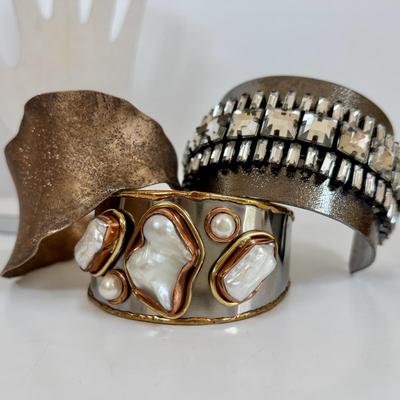 LOT 57: Chunky Style Cuff Bracelets: Tri-Color Freshwater Pearl, Silvertone Arm Cuff, Bejeweled Cuffs & More