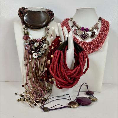LOT 58: Boho Style Multi Layered Collar Necklace, Bohemian Style Multistrand Red Beaded Necklace, & More