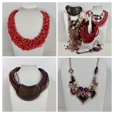 LOT 58: Boho Style Multi Layered Collar Necklace, Bohemian Style Multistrand Red Beaded Necklace, & More