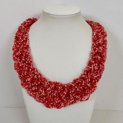LOT 58: Boho Style Multi Layered Collar Necklace, Bohemian Style Multistrand Red Beaded Necklace, & More