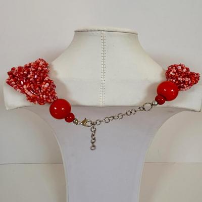 LOT 58: Boho Style Multi Layered Collar Necklace, Bohemian Style Multistrand Red Beaded Necklace, & More