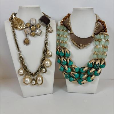 LOT 59: Lydell NYC Layered Multi Strand Beaded Necklace, Alexis Bittar Lucite Collar Necklace, BR Gold-tone/Faux Pearls & JS Floral...