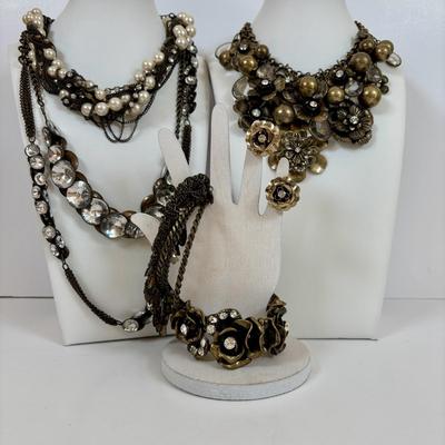 LOT 60: Gold-tone Floral & Beaded Necklace, Stretch Bracelet, Pierced Earrings, J Crew Multi-Strand Necklace & More