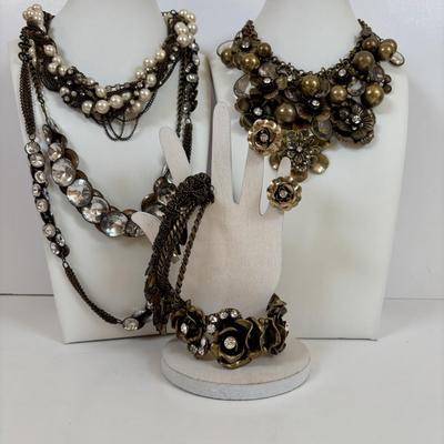 LOT 60: Gold-tone Floral & Beaded Necklace, Stretch Bracelet, Pierced Earrings, J Crew Multi-Strand Necklace & More