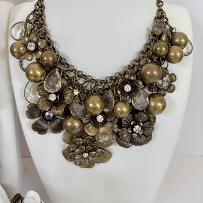 LOT 60: Gold-tone Floral & Beaded Necklace, Stretch Bracelet, Pierced Earrings, J Crew Multi-Strand Necklace & More