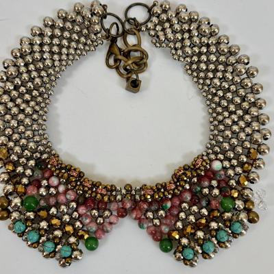LOT 61: Anthropologie Pam Hiran Silver Bib Necklace Turquoise & Rose Beaded Necklace, Anthropologie Pam Hiran Brass/Pearl Stone Bib...