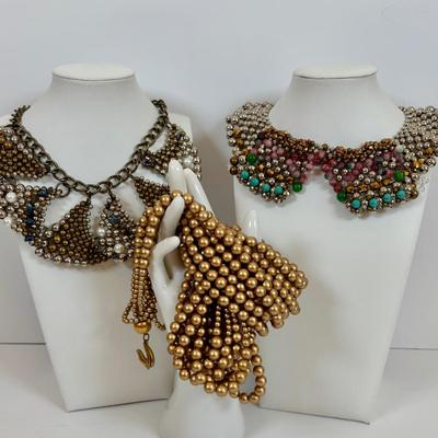 LOT 61: Anthropologie Pam Hiran Silver Bib Necklace Turquoise & Rose Beaded Necklace, Anthropologie Pam Hiran Brass/Pearl Stone Bib...