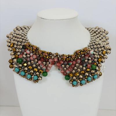 LOT 61: Anthropologie Pam Hiran Silver Bib Necklace Turquoise & Rose Beaded Necklace, Anthropologie Pam Hiran Brass/Pearl Stone Bib...