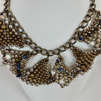 LOT 61: Anthropologie Pam Hiran Silver Bib Necklace Turquoise & Rose Beaded Necklace, Anthropologie Pam Hiran Brass/Pearl Stone Bib...