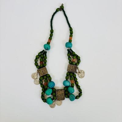 LOT 63: Vintage Moroccan Pendant Necklace w/Unique Green Stone, Pottery Bead Necklace w/Matching Earrings, Pierced Earring Collection...