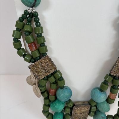 LOT 63: Vintage Moroccan Pendant Necklace w/Unique Green Stone, Pottery Bead Necklace w/Matching Earrings, Pierced Earring Collection...