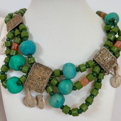 LOT 63: Vintage Moroccan Pendant Necklace w/Unique Green Stone, Pottery Bead Necklace w/Matching Earrings, Pierced Earring Collection...