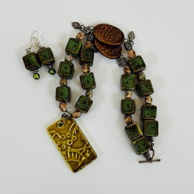 LOT 63: Vintage Moroccan Pendant Necklace w/Unique Green Stone, Pottery Bead Necklace w/Matching Earrings, Pierced Earring Collection...