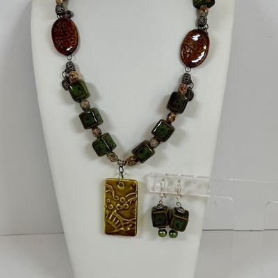 LOT 63: Vintage Moroccan Pendant Necklace w/Unique Green Stone, Pottery Bead Necklace w/Matching Earrings, Pierced Earring Collection...