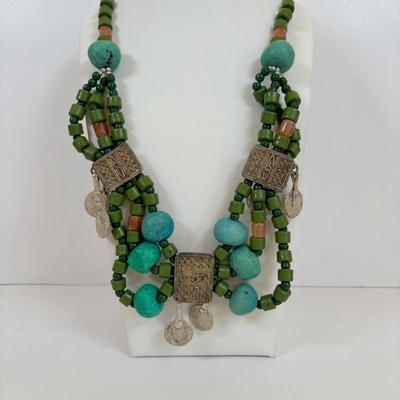 LOT 63: Vintage Moroccan Pendant Necklace w/Unique Green Stone, Pottery Bead Necklace w/Matching Earrings, Pierced Earring Collection...