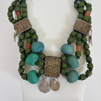LOT 63: Vintage Moroccan Pendant Necklace w/Unique Green Stone, Pottery Bead Necklace w/Matching Earrings, Pierced Earring Collection...