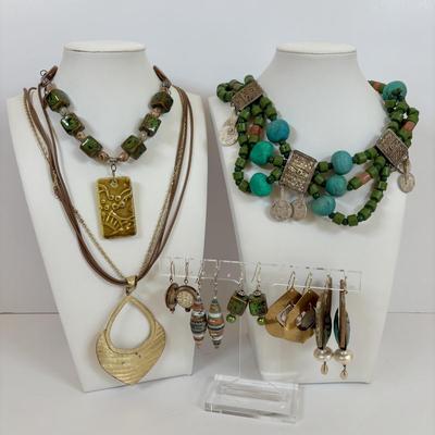 LOT 63: Vintage Moroccan Pendant Necklace w/Unique Green Stone, Pottery Bead Necklace w/Matching Earrings, Pierced Earring Collection...