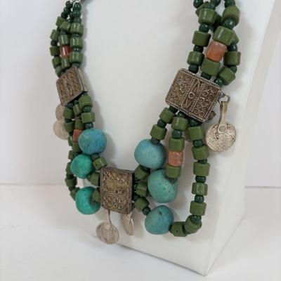 LOT 63: Vintage Moroccan Pendant Necklace w/Unique Green Stone, Pottery Bead Necklace w/Matching Earrings, Pierced Earring Collection...