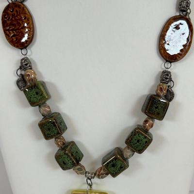 LOT 63: Vintage Moroccan Pendant Necklace w/Unique Green Stone, Pottery Bead Necklace w/Matching Earrings, Pierced Earring Collection...