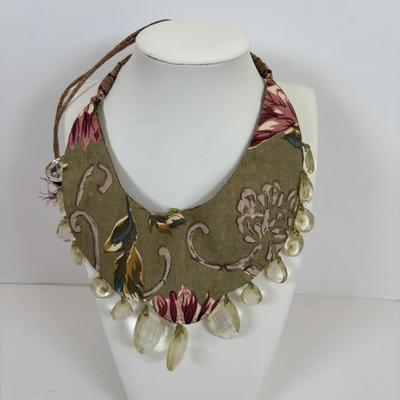 LOT 64: Hand Crafted Jewelry Collection: Wood Necklace & Earrings, Fabric Brooches & Collar Necklace, Embroidered Beaded Bracelet...