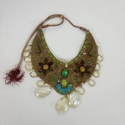LOT 64: Hand Crafted Jewelry Collection: Wood Necklace & Earrings, Fabric Brooches & Collar Necklace, Embroidered Beaded Bracelet...