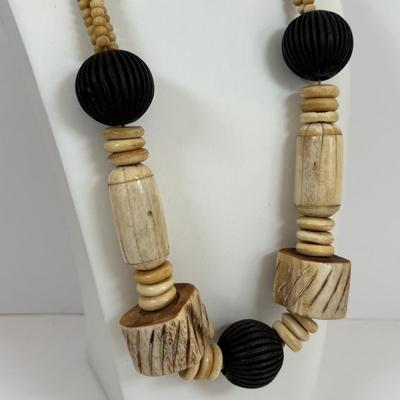 LOT 64: Hand Crafted Jewelry Collection: Wood Necklace & Earrings, Fabric Brooches & Collar Necklace, Embroidered Beaded Bracelet...