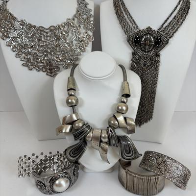 LOT 65: Fabulous Silvertone Statement Necklaces & Cuff Bracelets