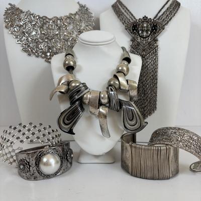 LOT 65: Fabulous Silvertone Statement Necklaces & Cuff Bracelets