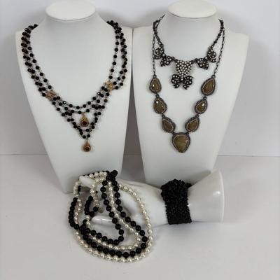 LOT 66: Cookie Lee Black & White 56" Faux Pearl Necklace, Premier Designs Black Glass Beaded Necklace, Baby lone, Paris, Beaded...