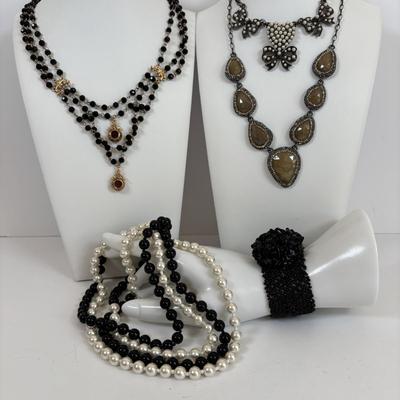 LOT 66: Cookie Lee Black & White 56" Faux Pearl Necklace, Premier Designs Black Glass Beaded Necklace, Baby lone, Paris, Beaded...
