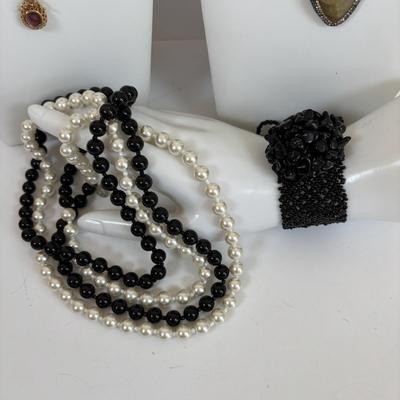 LOT 66: Cookie Lee Black & White 56" Faux Pearl Necklace, Premier Designs Black Glass Beaded Necklace, Baby lone, Paris, Beaded...