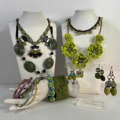 LOT 70: Loft Vibrant Green Floral Necklace, Glass Beaded Bracelet, J Crew Statement Necklace, Colorful Bangles, Pierced Earrings & More