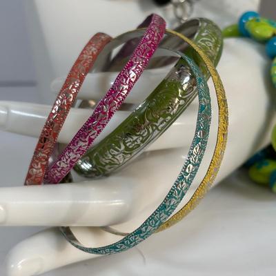 LOT 70: Loft Vibrant Green Floral Necklace, Glass Beaded Bracelet, J Crew Statement Necklace, Colorful Bangles, Pierced Earrings & More