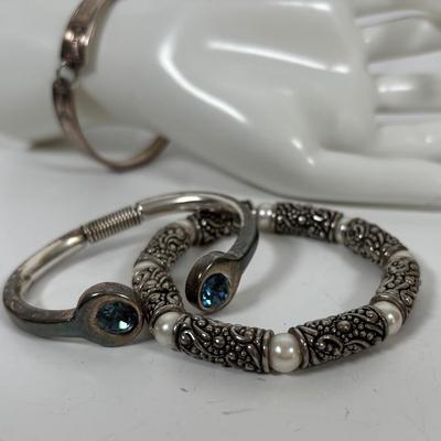 LOT 71: Artisan Faux Pearl Bracelet, Spoon Link Bracelet, Abalone Stretch Bracelet, Cuff Bracelet & Dangle Earrings