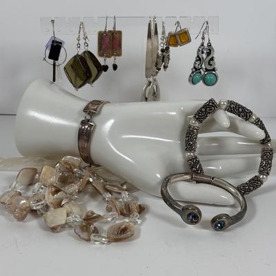 LOT 71: Artisan Faux Pearl Bracelet, Spoon Link Bracelet, Abalone Stretch Bracelet, Cuff Bracelet & Dangle Earrings