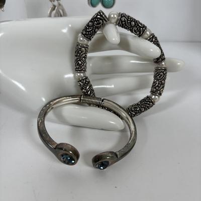 LOT 71: Artisan Faux Pearl Bracelet, Spoon Link Bracelet, Abalone Stretch Bracelet, Cuff Bracelet & Dangle Earrings