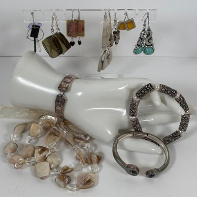 LOT 71: Artisan Faux Pearl Bracelet, Spoon Link Bracelet, Abalone Stretch Bracelet, Cuff Bracelet & Dangle Earrings