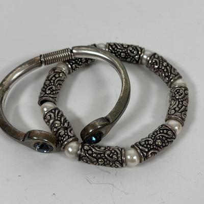 LOT 71: Artisan Faux Pearl Bracelet, Spoon Link Bracelet, Abalone Stretch Bracelet, Cuff Bracelet & Dangle Earrings