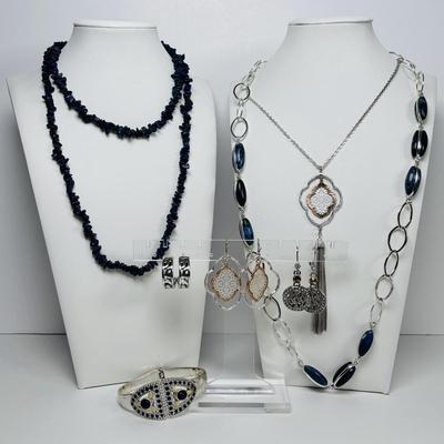 LOT 77: Silver-Tone/Gold-Tone Necklace & Earring Set, Blue Beaded Necklace, Monet Necklace, Luck Brand Hinged Bracelet & Pierced...