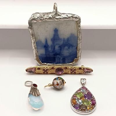 LOT 138: Vintage 925 Sterling Moonstone Pendant, 925 Multi-Gemstone Pendant, Cloisonne Enamel Bead & More