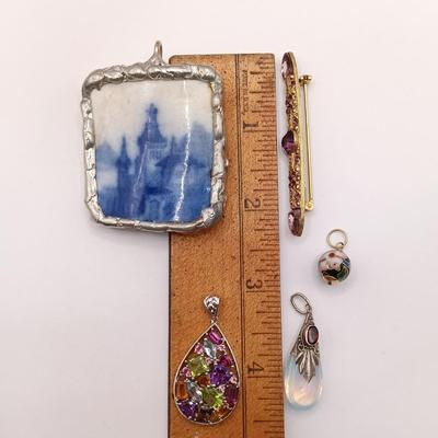 LOT 138: Vintage 925 Sterling Moonstone Pendant, 925 Multi-Gemstone Pendant, Cloisonne Enamel Bead & More