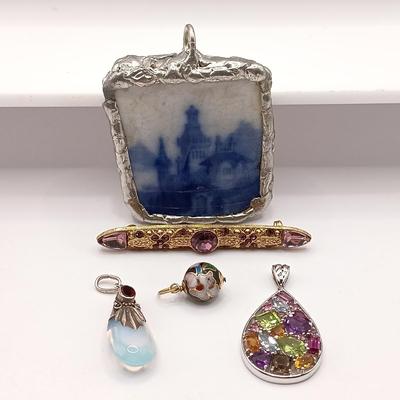 LOT 138: Vintage 925 Sterling Moonstone Pendant, 925 Multi-Gemstone Pendant, Cloisonne Enamel Bead & More