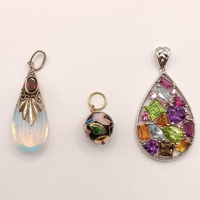LOT 138: Vintage 925 Sterling Moonstone Pendant, 925 Multi-Gemstone Pendant, Cloisonne Enamel Bead & More