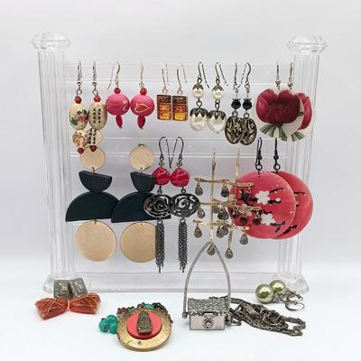 LOT 141: LVP France LA Vie Parisienne Purse Charm Necklace, Matryoshka Doll Locket Necklace and Vintage Fashion Earrings