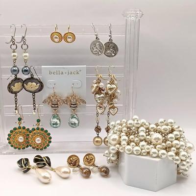 LOT 144: Feaux Pearl Bracelet with a Collection of Costume Earrings