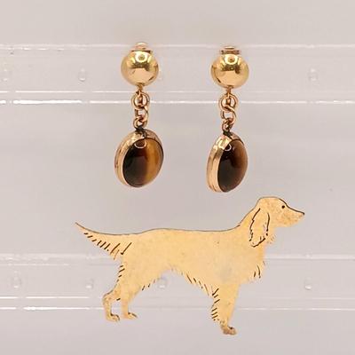 LOT 145: Gold Vermeil Sterling Dog Brooch 5.2g with 1/20 12K Gold-Filled and Tigers Eye Screw Back Earrings