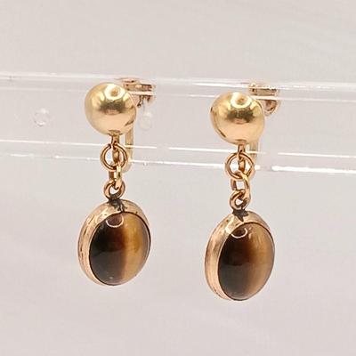 LOT 145: Gold Vermeil Sterling Dog Brooch 5.2g with 1/20 12K Gold-Filled and Tigers Eye Screw Back Earrings