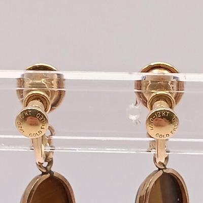 LOT 145: Gold Vermeil Sterling Dog Brooch 5.2g with 1/20 12K Gold-Filled and Tigers Eye Screw Back Earrings